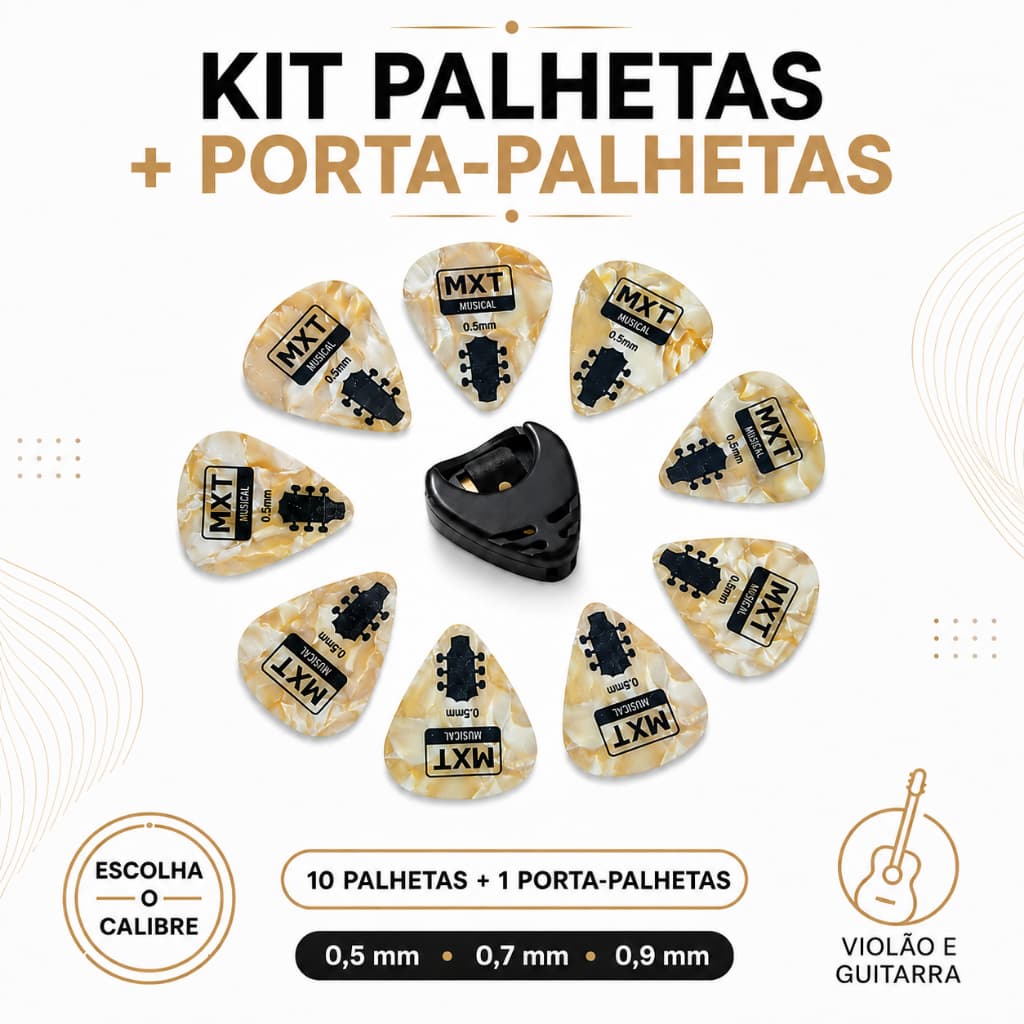 Kit 10 Palhetas Violão Guitarra com Porta-Palhetas Celuloide 0,5 0,7 ou 0,9 mm MXT