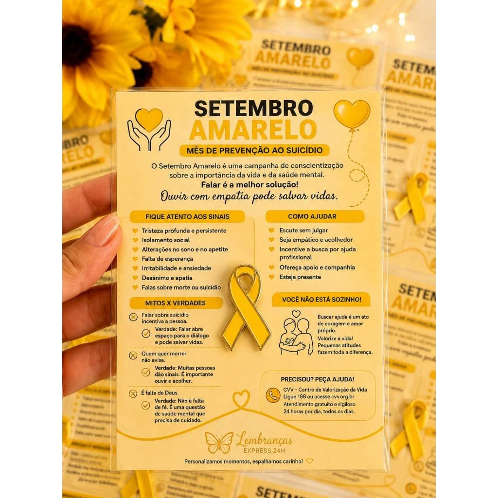 15 Unidades de Botton Setembro Amarelo + Cartela Com sua Logo
