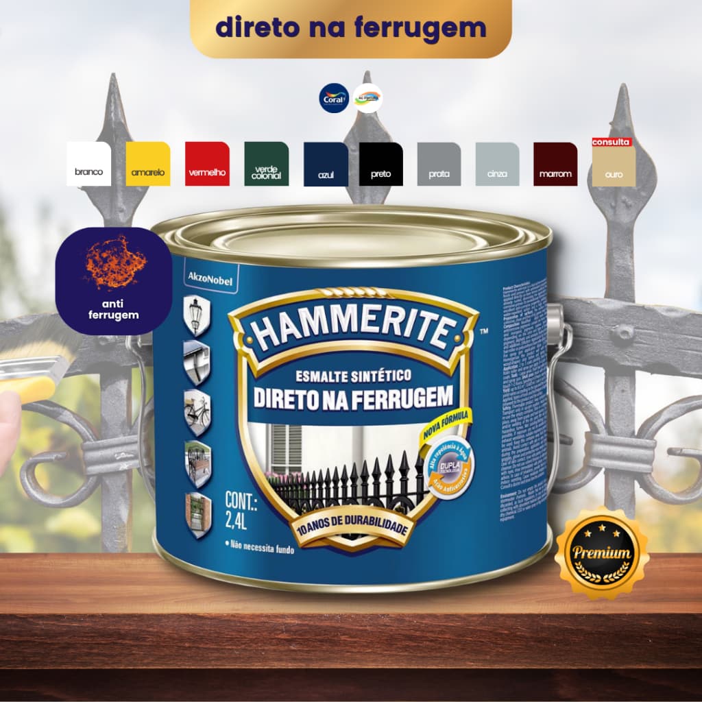 Tinta Hammerite Esmalte Direto na Ferrugem 3 em 1 Fundo AntiFerrugem e Acabamento  Galão 2,4L Escolha Cor