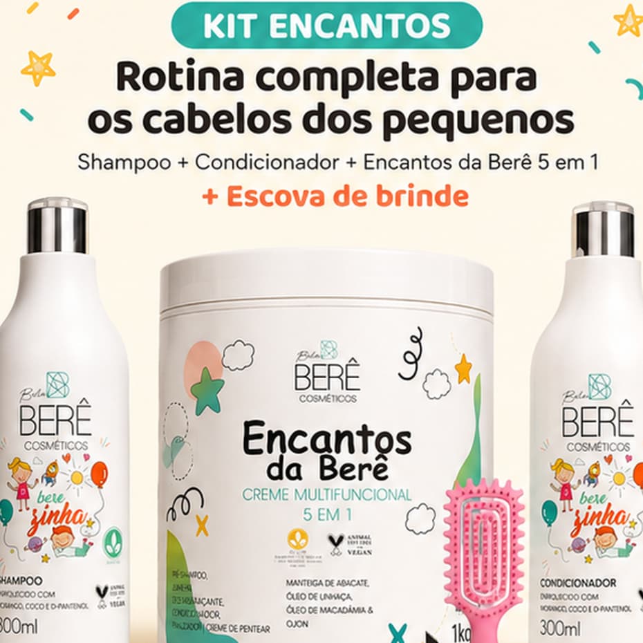 Kit Infantil Encantos Bela Berê Shampoo Condicionador Ativador 5em1 1kg Vegano Ganhe Escova
