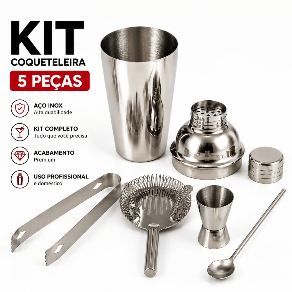 Kit Caipirinha Coqueteleira Profissional Bartender Barman 5 Peças Inox Drinks Premium 550ml