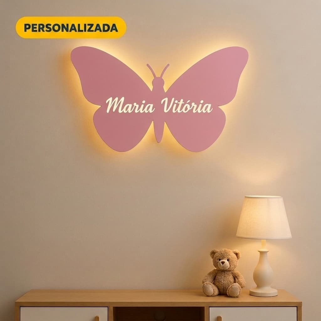 Luminária Borboleta MDF Personalizada com Nome Infantil – Decor Quarto Bebê