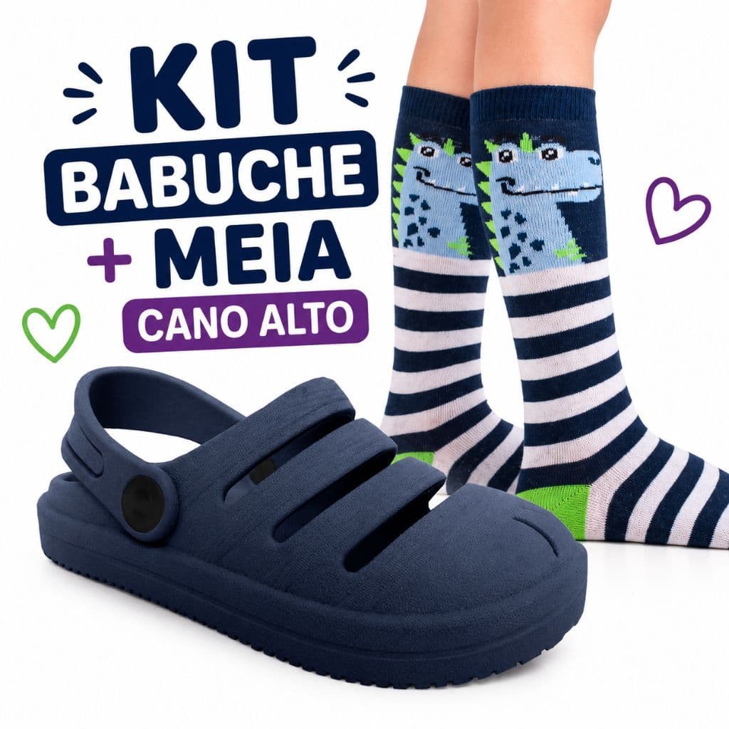 Kit Babuche Infantil + Meia Cano Alto Longo Colorida 3/4 Menino Calçado Infantil Confortável Divertida Escolar Diadia
