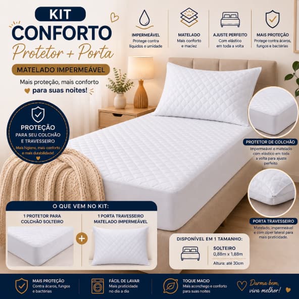 Kit Protetor Colchão Solteiro Impermeável + Protetor de Travesseiro 70x50