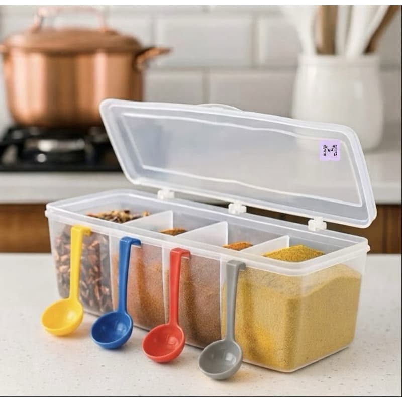 Porta Temperos Condimentos Organizador com 4 Divisórias e 4 Colheres Medidoras para Chá e Tempero Cozinha