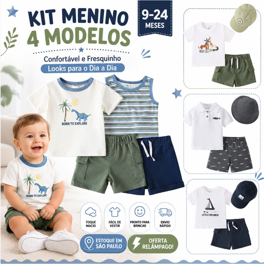 Conjunto Bebê Menino 9 a 24 Meses Camiseta Shorts Roupa Infantil Verão Casual 4 Modelos Payifang
