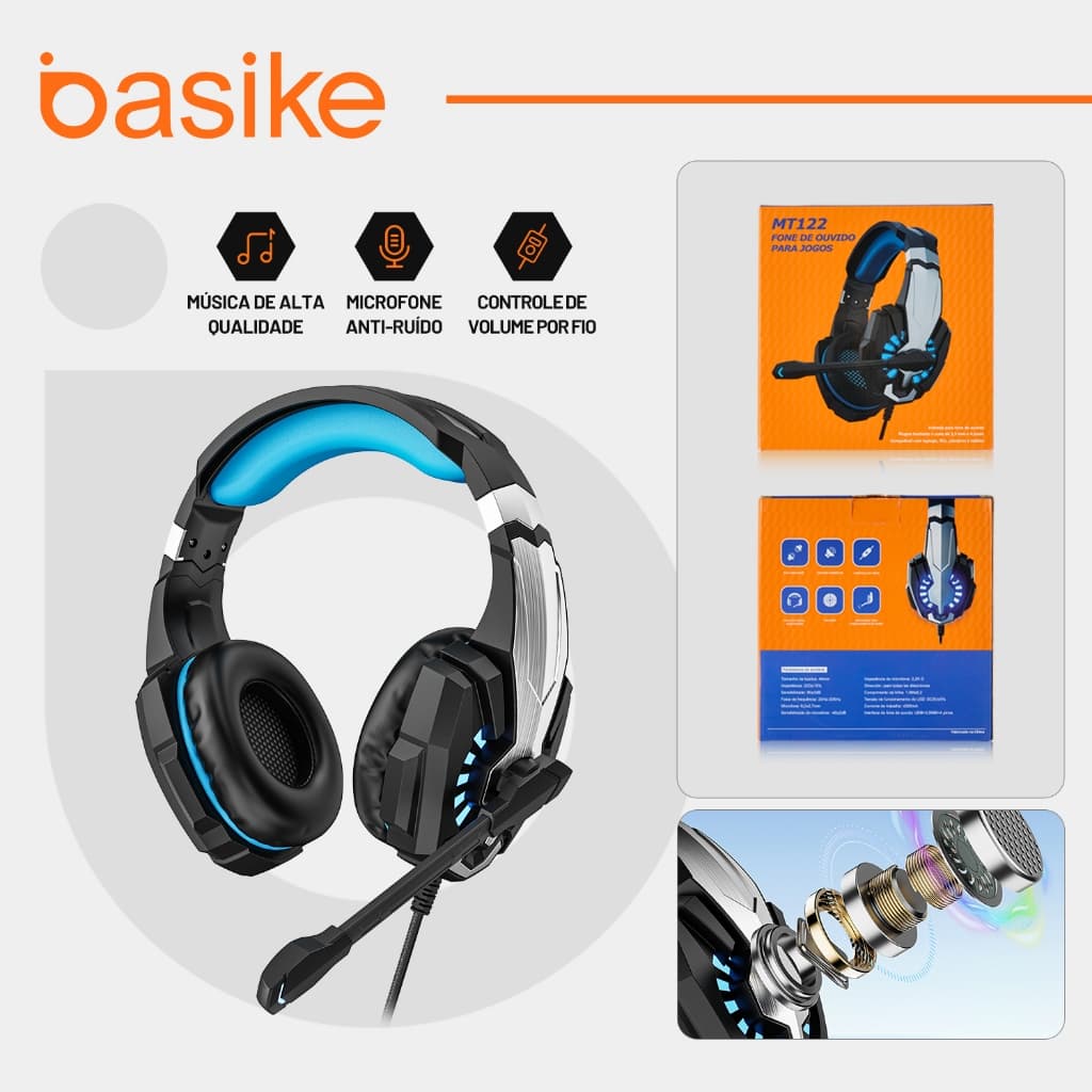 BASIKE Fone de Ouvido Gamer RGB Headphone com Microfone PC Gamer PS4 Phone Laptop Xbox Switch para Jogos e Chamadas