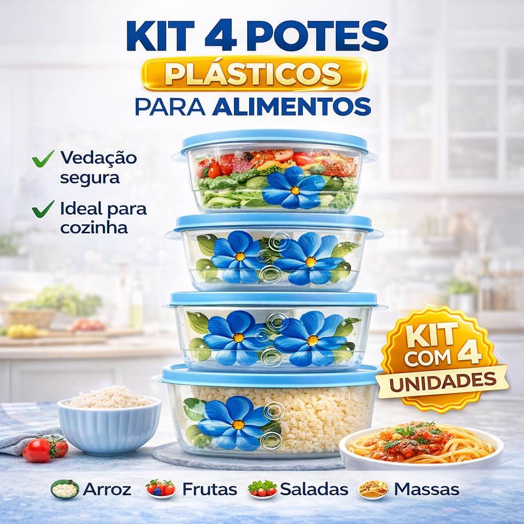 Kit 4 Potes 1500ml Retangulares Decorados com Tampa para Mantimentos Freezer Micro-ondas
