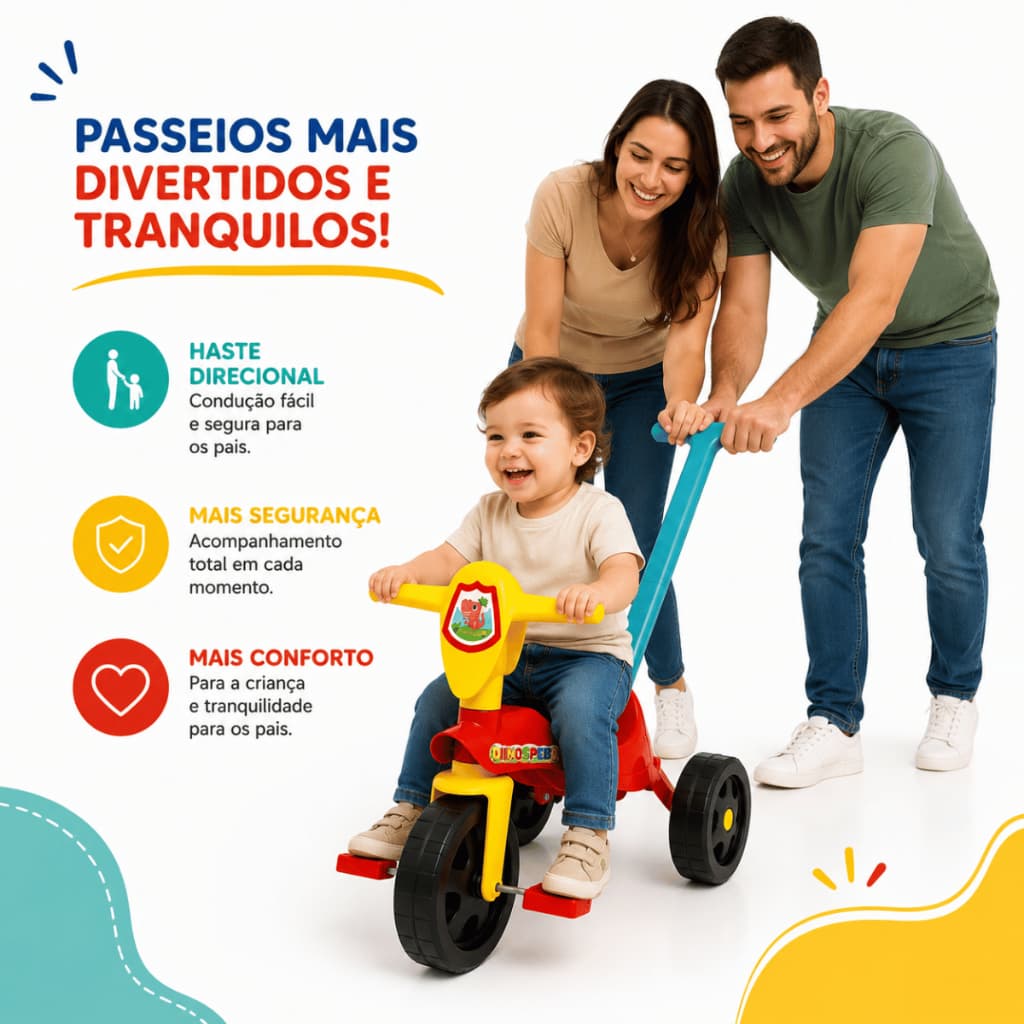 Motoca Infantil Speed Dino a Pedal c/ Empurrador Colorida Passeio Triciclo Criança Bebê Super Oferta