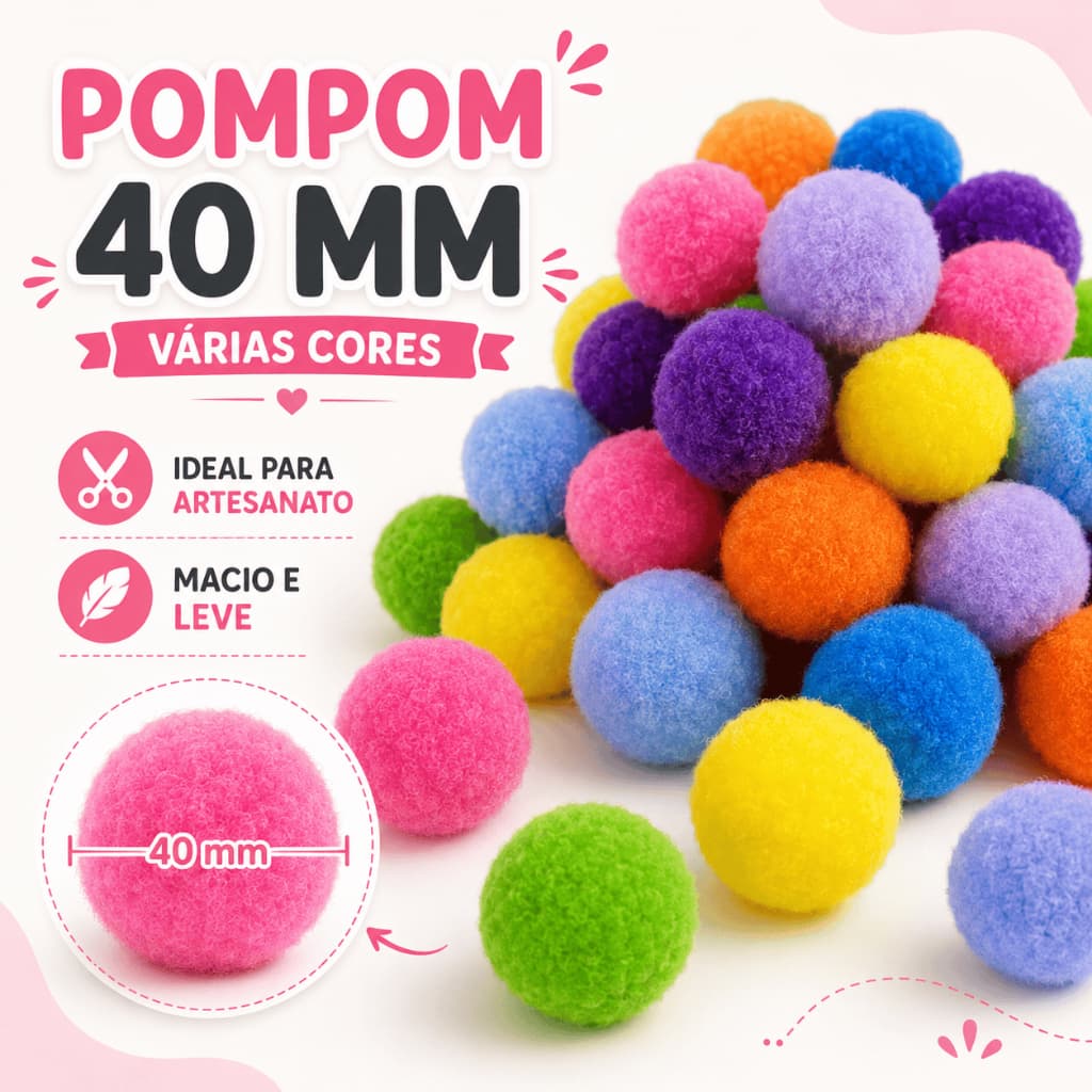 Kit 100 Pompons Coloridos Para Artesanato Laços Faixas de Pets 40MM Mix Cores Vivas