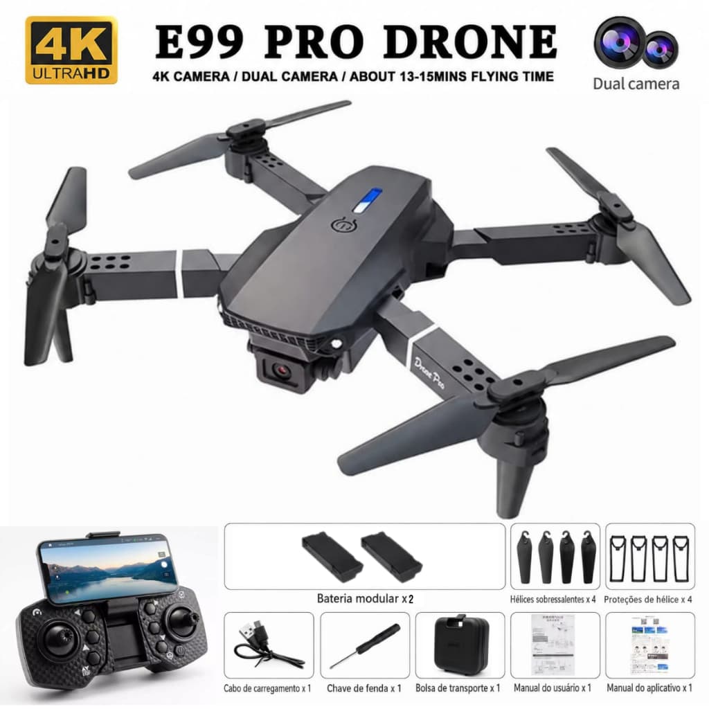 E99 Dobrável Quadcopter Drone Dual Câmera 4k Profissional 2 Bateria
