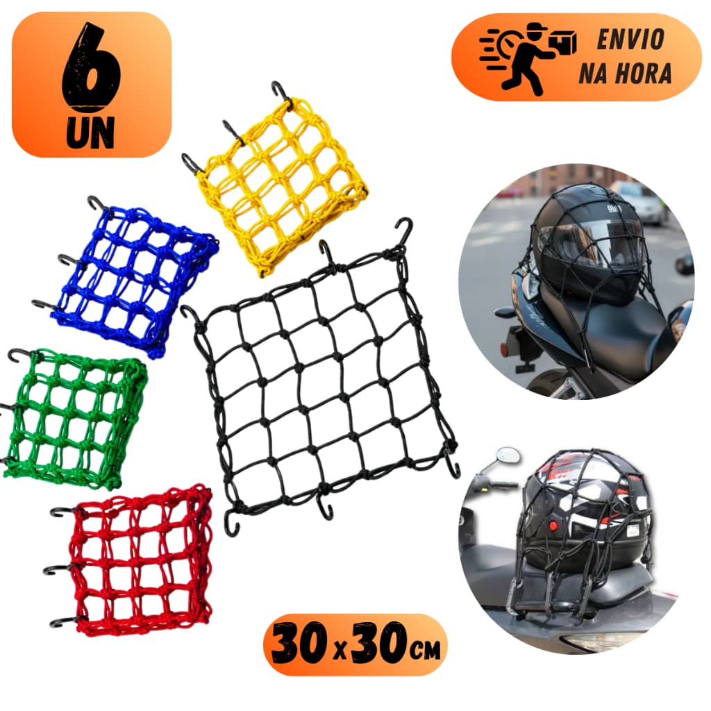 Kit Redinha Elástica Aranha 30X30Cm Para Moto Bagageiro 6 Ganchos Cores Sortidas