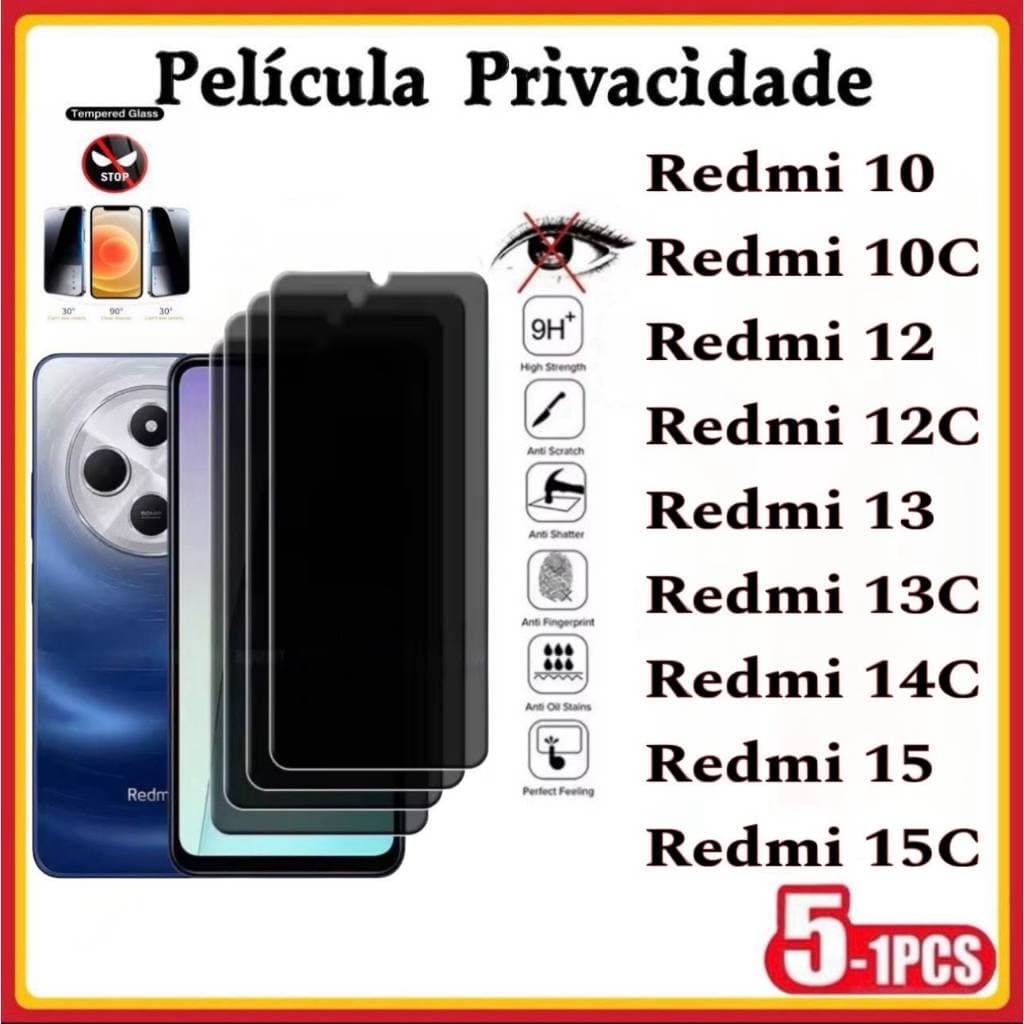 Película Privacidade 3D Vidro Temperado Anti Spy Xiaomi Redmi 15 15C 14C 13C 13 12C 12 10C 10Prime