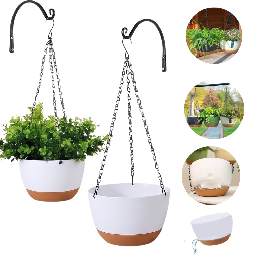 kit com 2  Vasos Supensos de polietileno com Corrente de metal e Prato De Pendurar Samambaias Orquídea