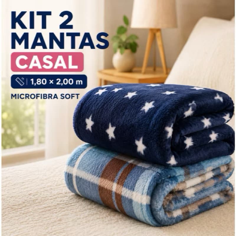 Kit 2 Mantas Casal/Solteiro Microfibra Soft 1,80x2,00 / 1,40x2,00 Cobertor Leve Macio Estampado Cores Sortidas