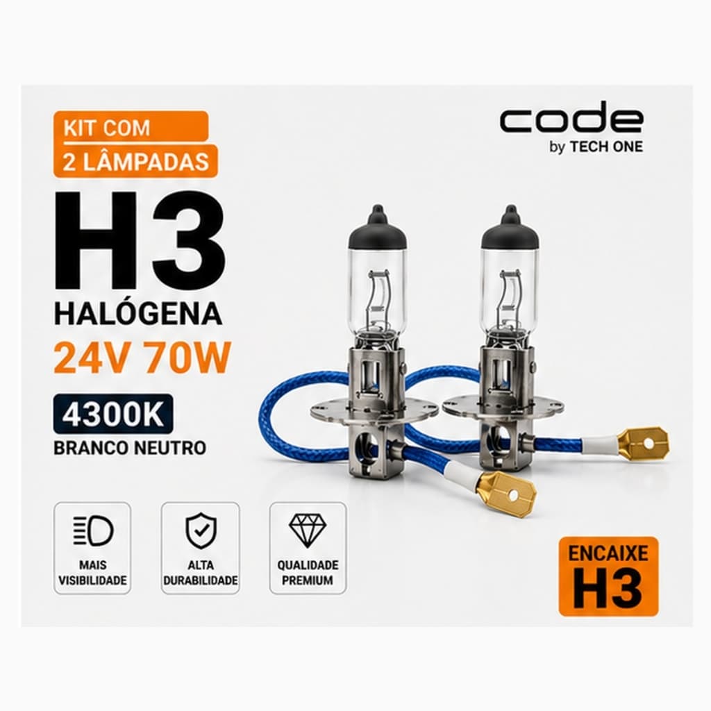 Kit 2 Lâmpadas Halógenas H3 24v 70w 4300k Code Caminhão