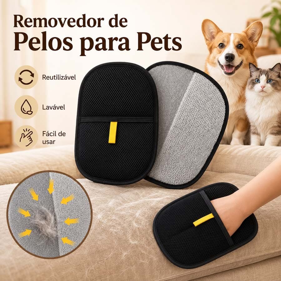 Removedor de pelos de animais reutilizável; luvas portáteis e laváveis ​​para remoção de pelos.