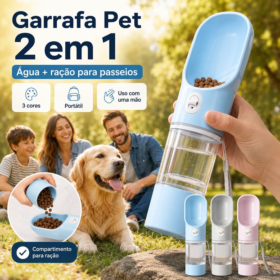Garrafa de Água para Pets com Compartimento para Ração, Dispensador de Água Portátil e Antivazamento para Cães e Gatos