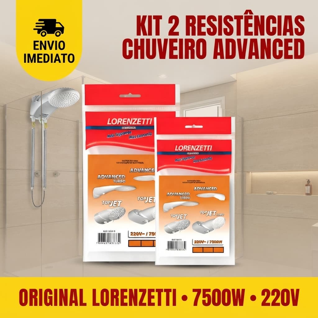 KIT 2 Resistências Original Chuveiro Lorenzetti Advanced e Top Jet Multitemperaturas 220v 7500w