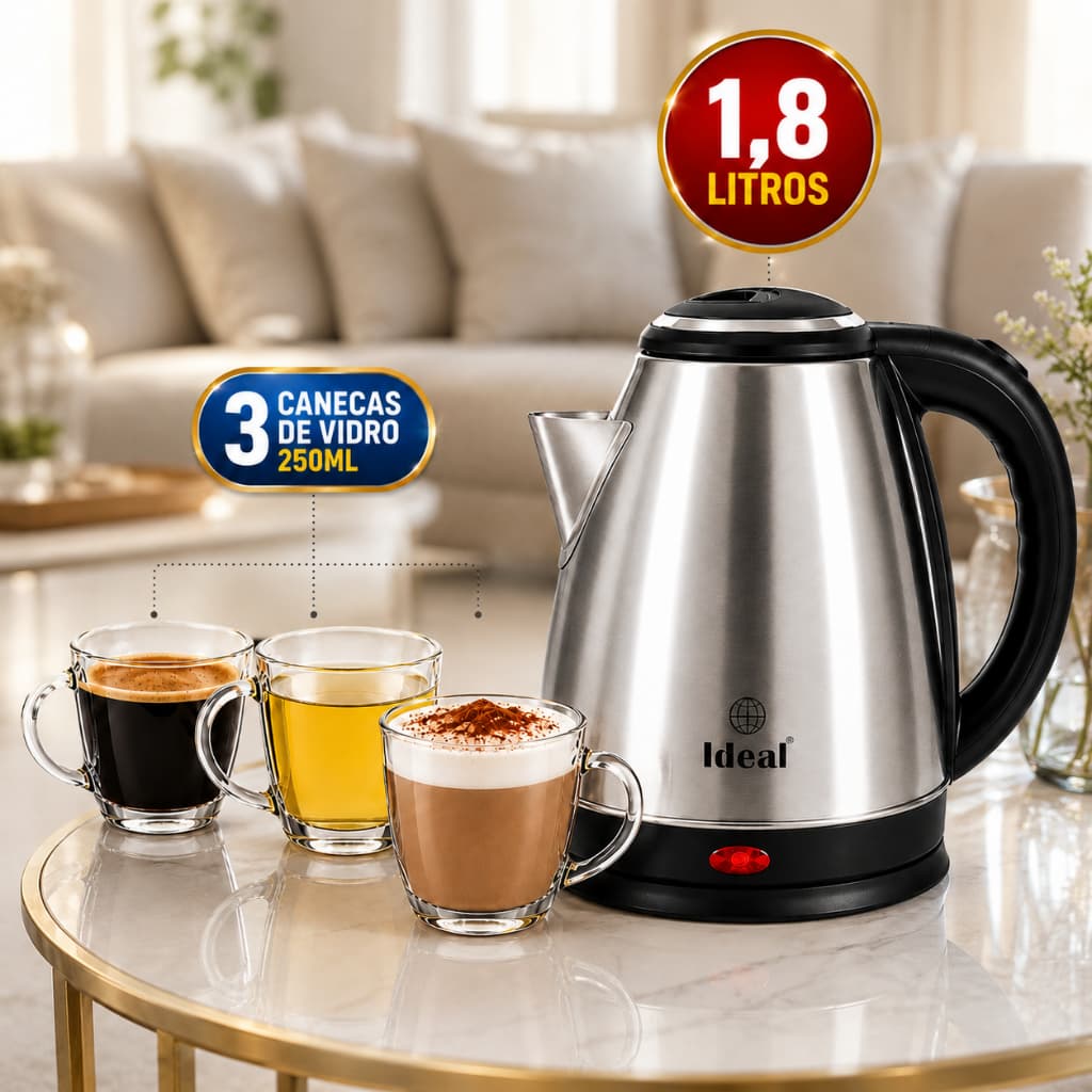 Kit Chaleira Elétrica Inox 1,8L + 3 Canecas de Vidro 250ml Café Chá