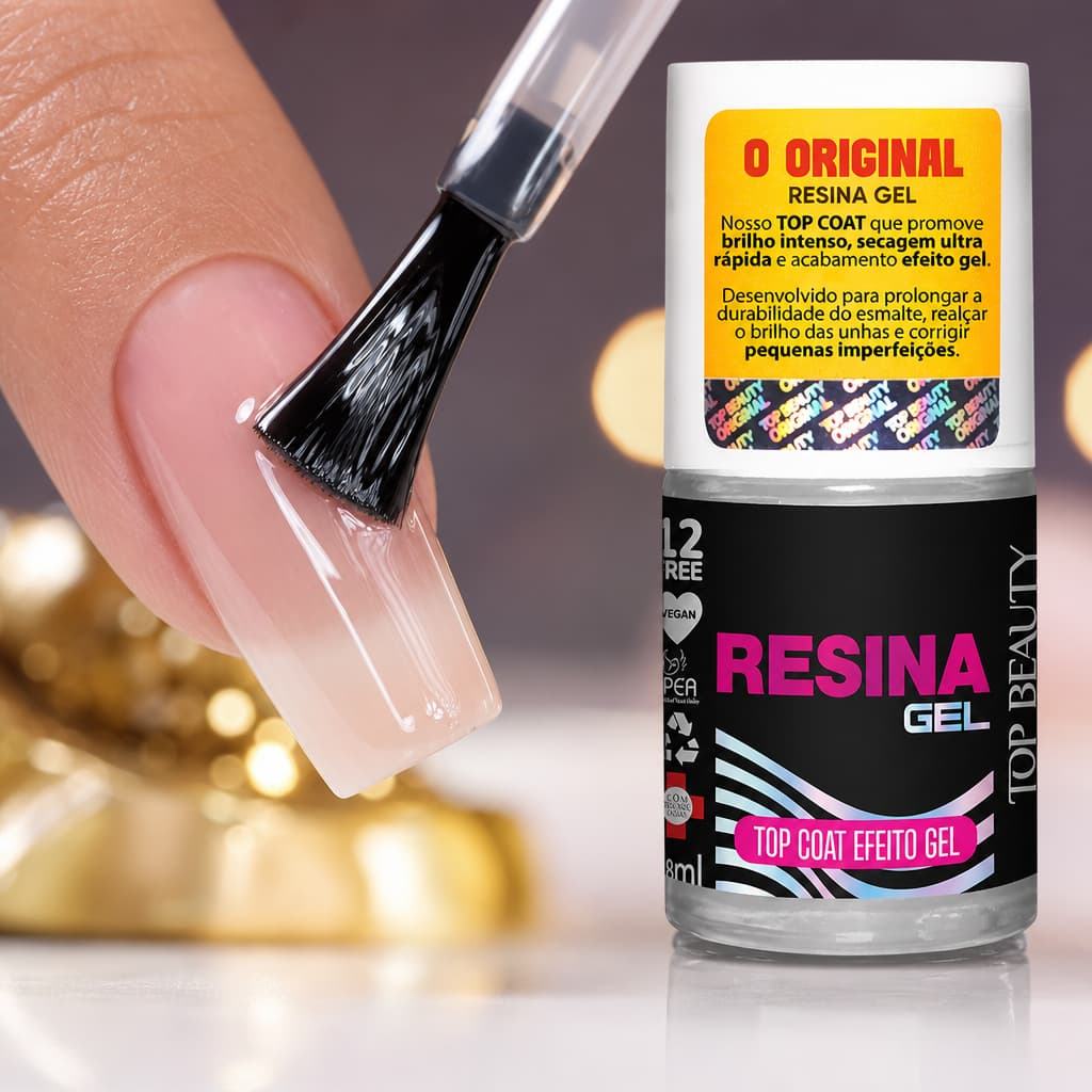 Top Coat Resina Gel,  7ml Efeito Gel Sem Cabine Top Beauty
