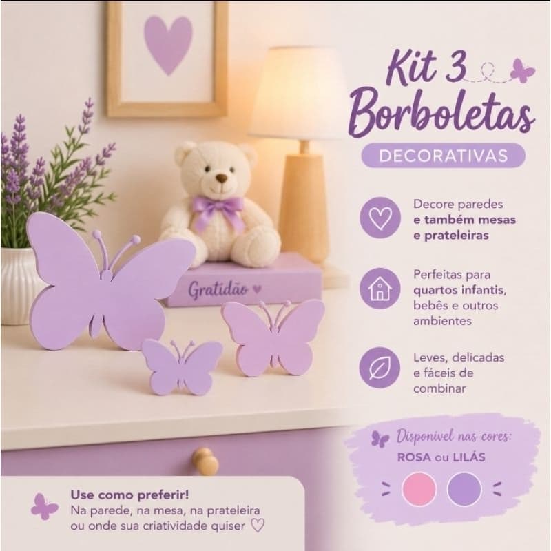 🦋✨ Kit 3 Borboletas Decorativas Rosa Para Parede Grande Média Pequena Quarto Infantil Bebê Decoração Delicada Para Casa