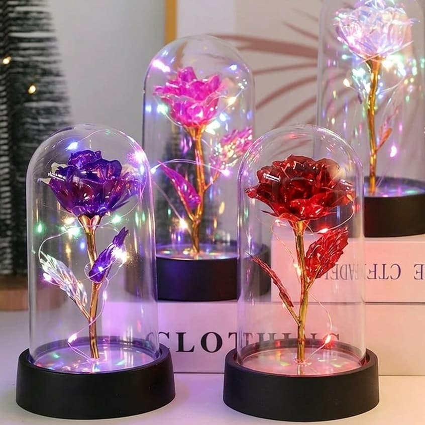 Rosa Encantada 15CM com Luz LED – Flor Eterna Decorativa em Cúpula de Acrílico