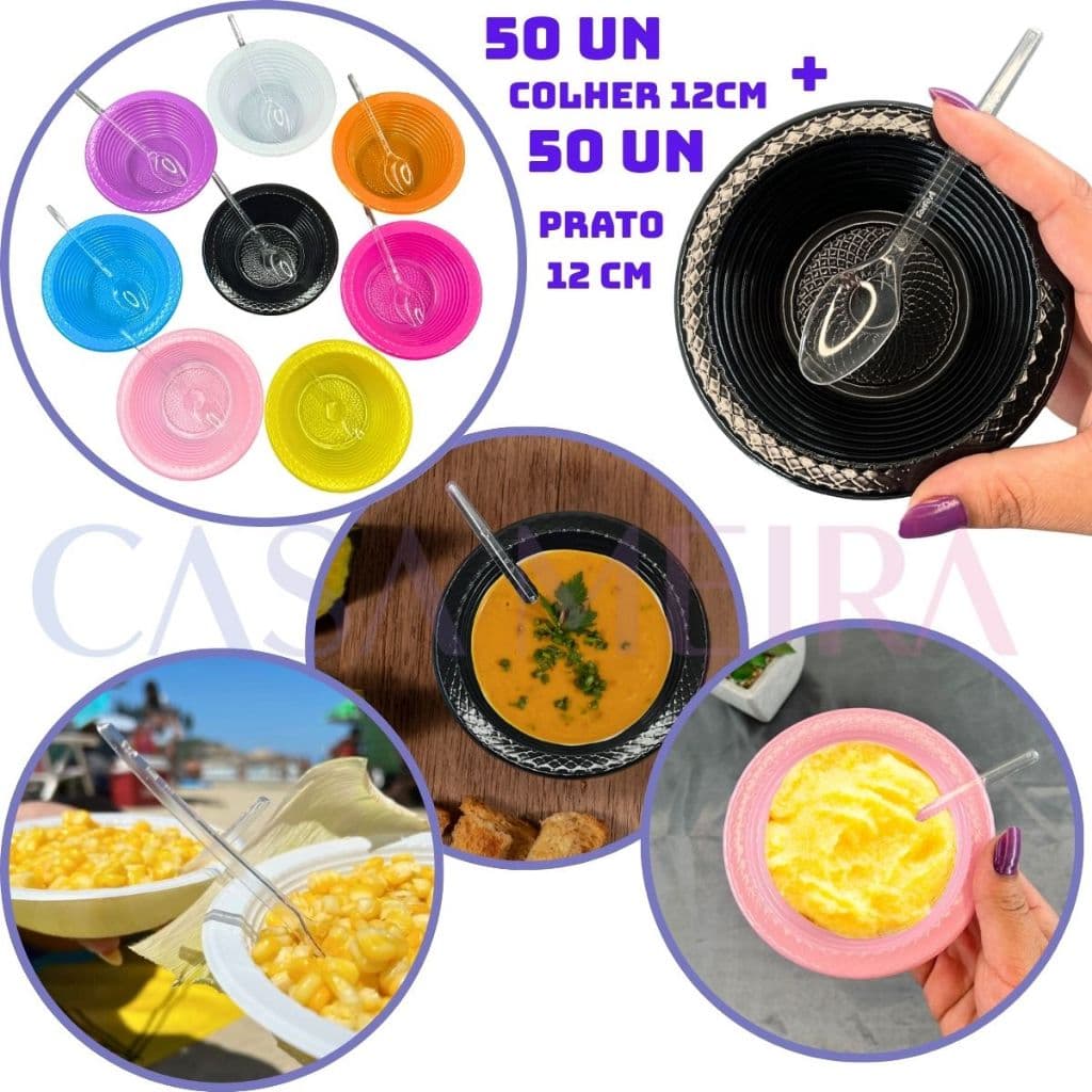 Kit 50 Prato Descartável Fundo Colorido Cumbuca 12cm + Colher 50 Cristal Petisco Festa Bolo Aniversario Milho