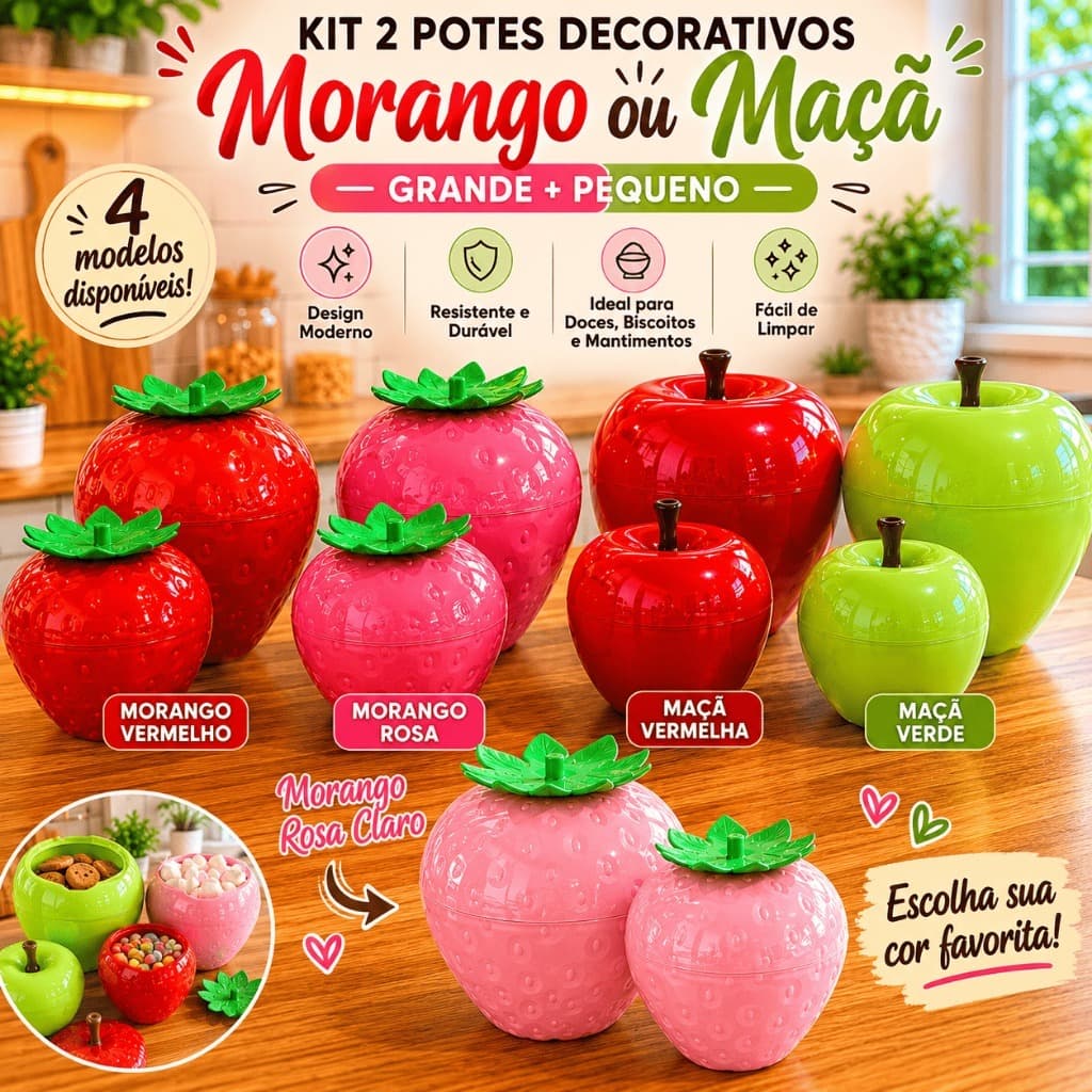 Kit 2 Potes Organizadores Cozinha Frutas Morango Maçã Para Alimentos Geladeira