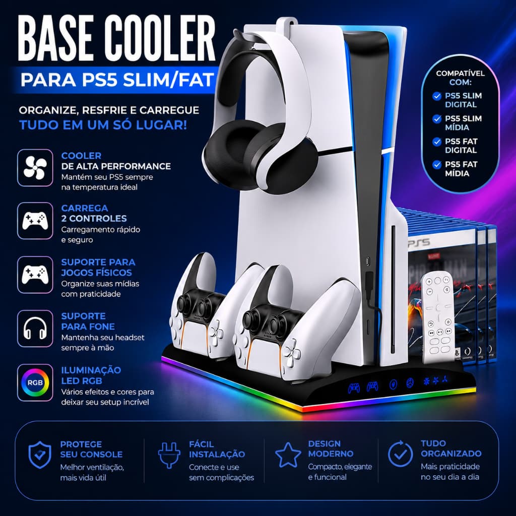 Base Cooler para PS5 Slim e Fat com Carregador para 2 Controles LED RGB Suporte para Jogos e Fone