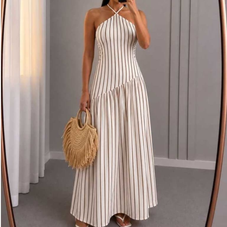 Vestido Longo Feminino Listrado Listras Solto Com Bojo Elastex Nas Costas Frente Única Sem Mangas Roupa Moda Tendencia