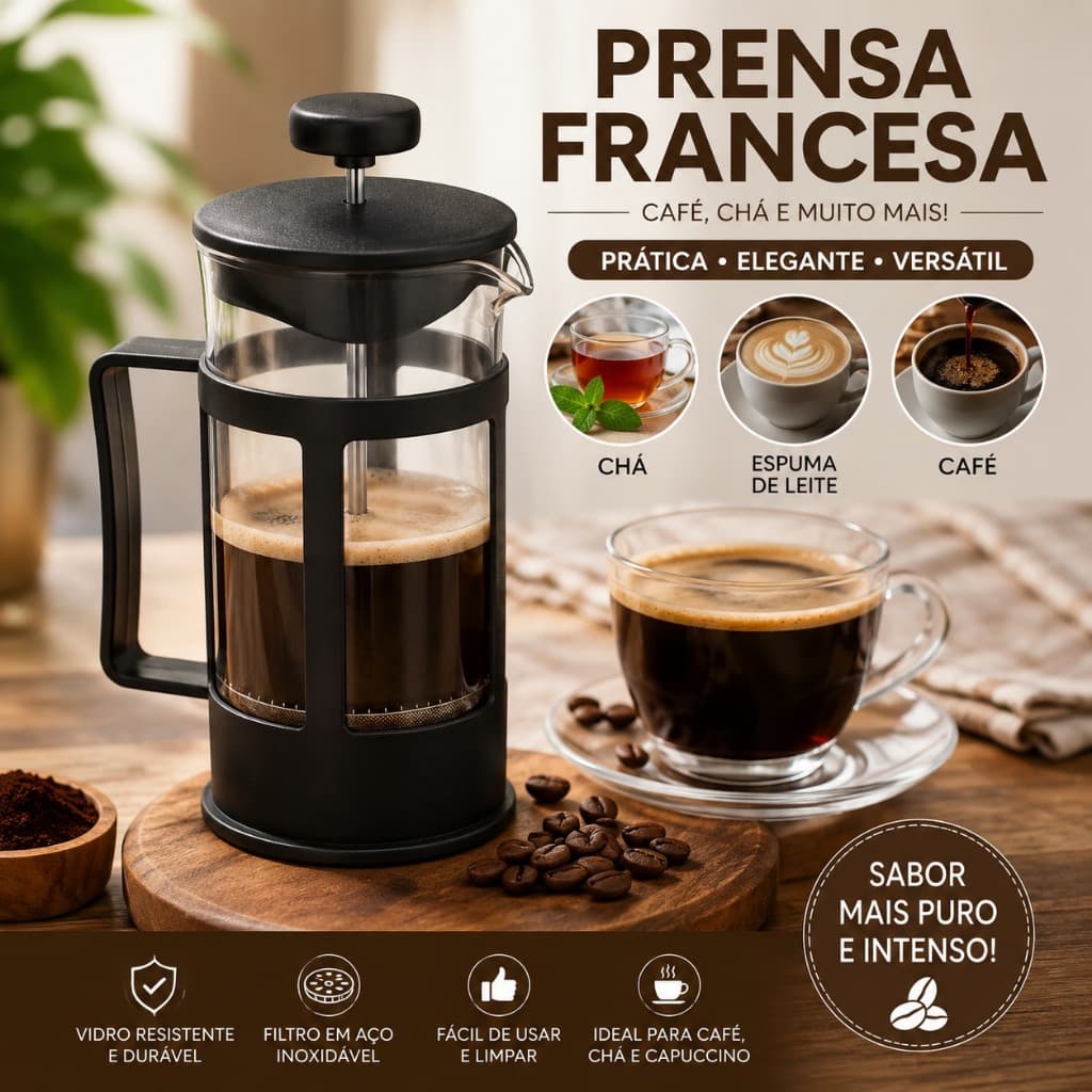 Cafeteira Prensa Francesa 350ml Café Chá Leite Espumado Chocolate Cremeira Multifuncional