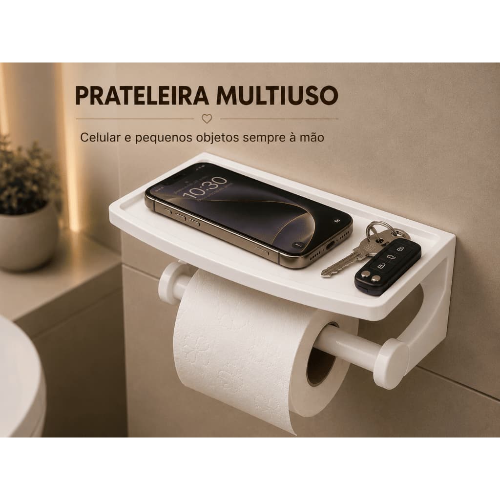 Porta Papel Higiênico com Prateleira para Celular e Objetos – Suporte de Parede para Banheiro
