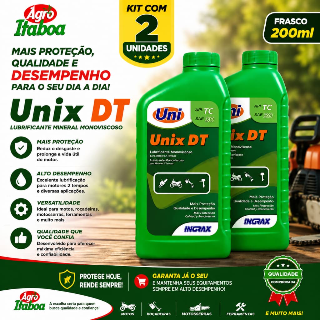 Oleo 2 Tempos Unix DT Oleo para Motossera Motos Roçadeira Oleo Lubrificante Motor - 2 Frascos 200ml