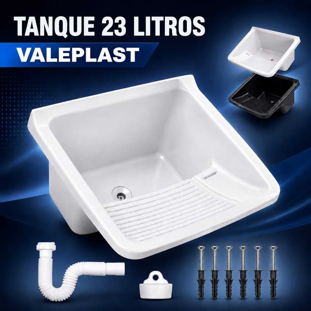 Tanque Plástico Lavar Roupas 23 Litros I Válvula Acoplada Branco ou Preto Área Lavanderia Sifão Valeplast