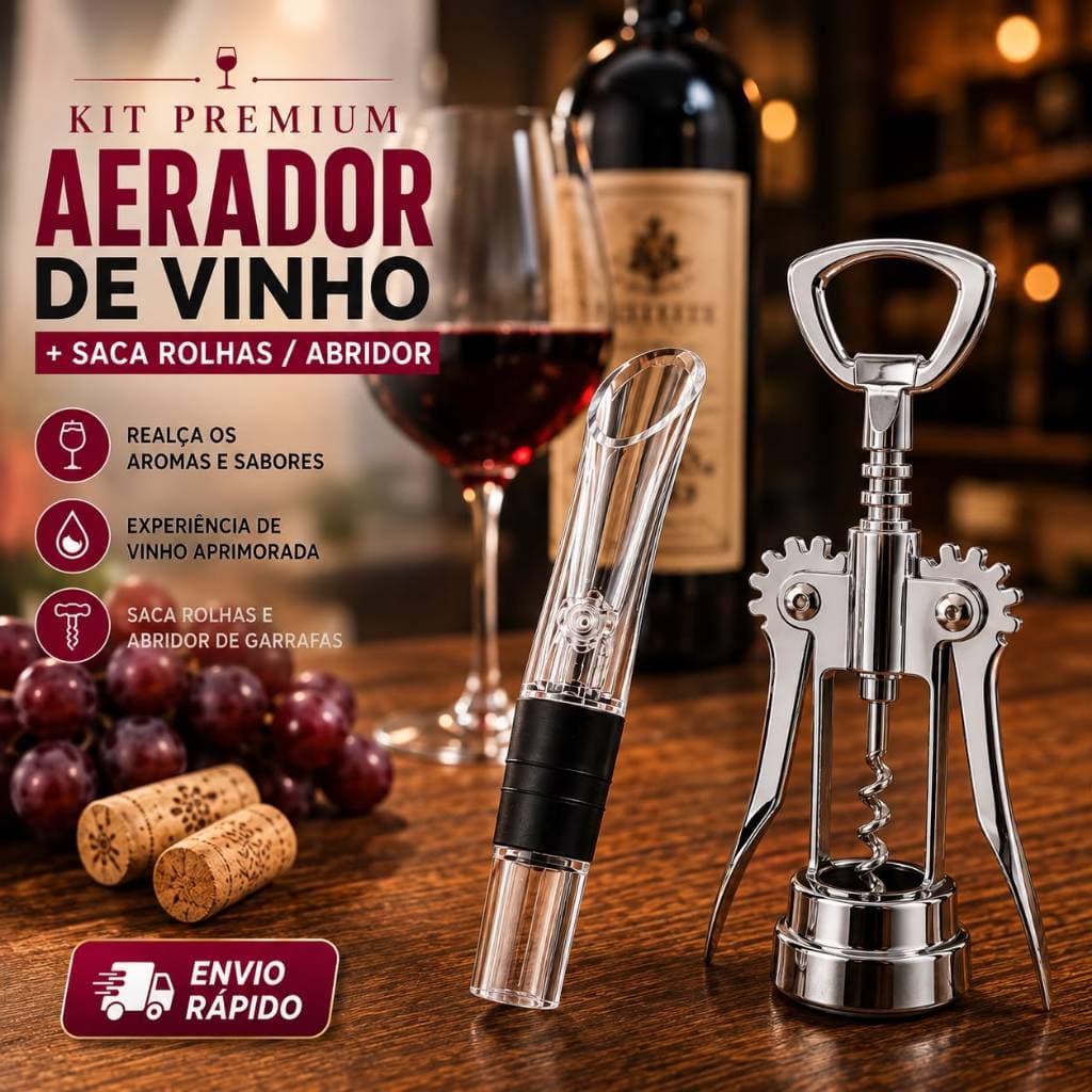 Kit Aerador de Vinho Bico Dosador para Garaffa + Saca Rolhas Abridor de Garrafas 2 em 1