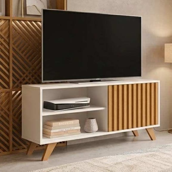 Rack para sala TV com prateleiras 116cm porta de correr Ripado - Heloisa