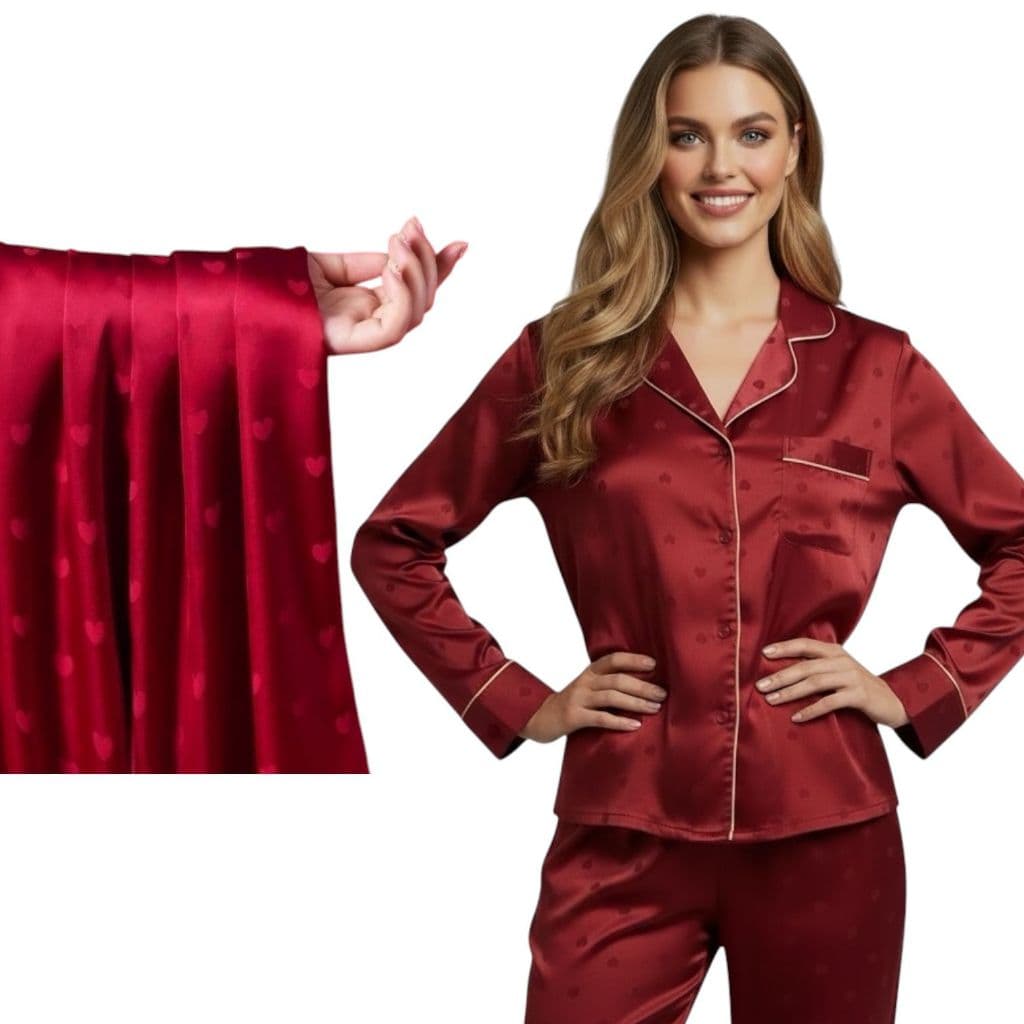 Pijama Manga Longa em cetim premium Vermelho com Corações, pijama americano, conjunto, pós cirúrgico, amamentação.