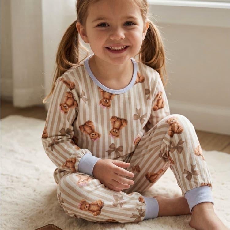 PIJAMA INFANTIL FEMININO COM PUNHO URSO LAÇO