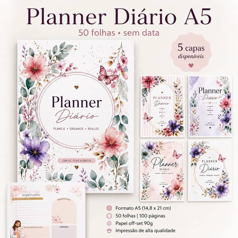 Planner Diário A5 Blocado 50 Folhas Sem Data | Agenda para Tarefas, Rotina e Prioridades