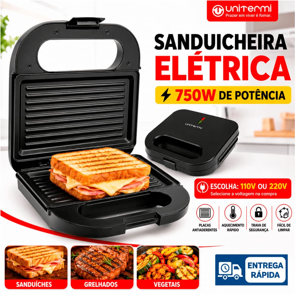 Sanduicheira Grill Elétrica 750W Antiaderente Preta Unitermi 127V/220V