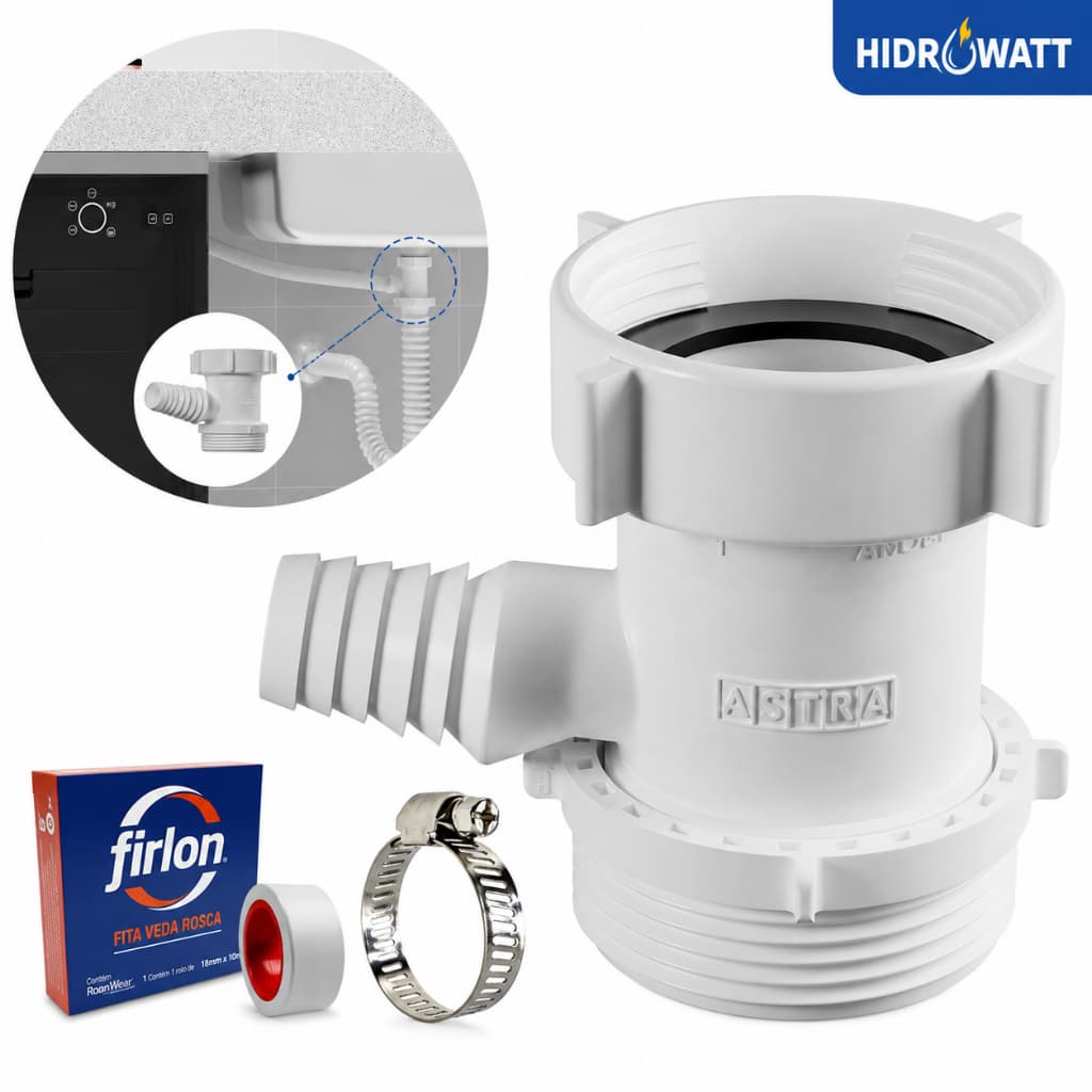 Kit Adaptador Máquina de Lavar Louça Para Sifão + Abraçadeira Inox + Fita Veda Rosca