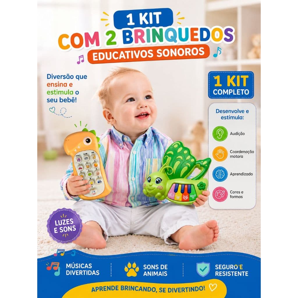 Kit com 2 Brinquedos Para bebês - Musical, Luz, Educativo e Super Colorido 15Cm