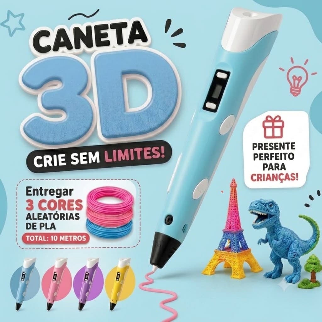 3D Caneta Impressora Infantil e Adulto Com 3 Filamentos 10M DIY PLA Incluso Refil Filamento Plástico Seguro