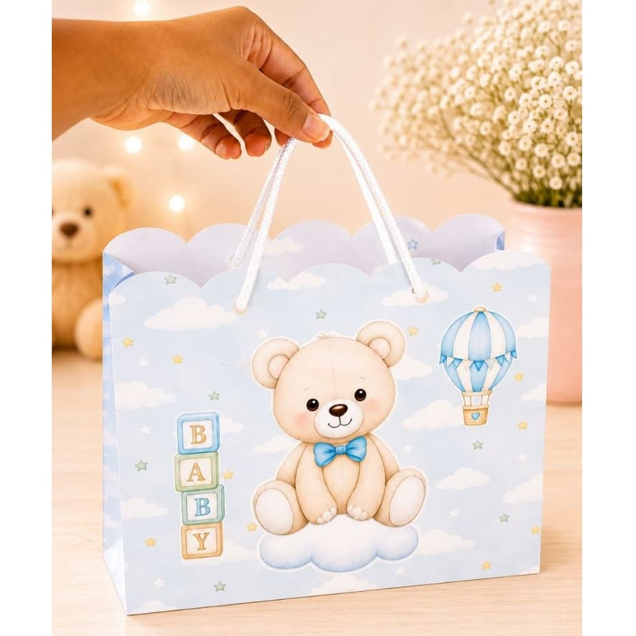 Kit Sacolinha Chá de Bebê Menino com alça 10 15 20 30 - Pegue Monte - Ursinho Chá de Bebê Menino