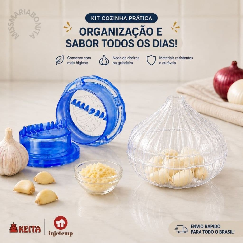 Kit Processador Triturador de Alho + Porta Alho Organizador Geladeira Cozinha
