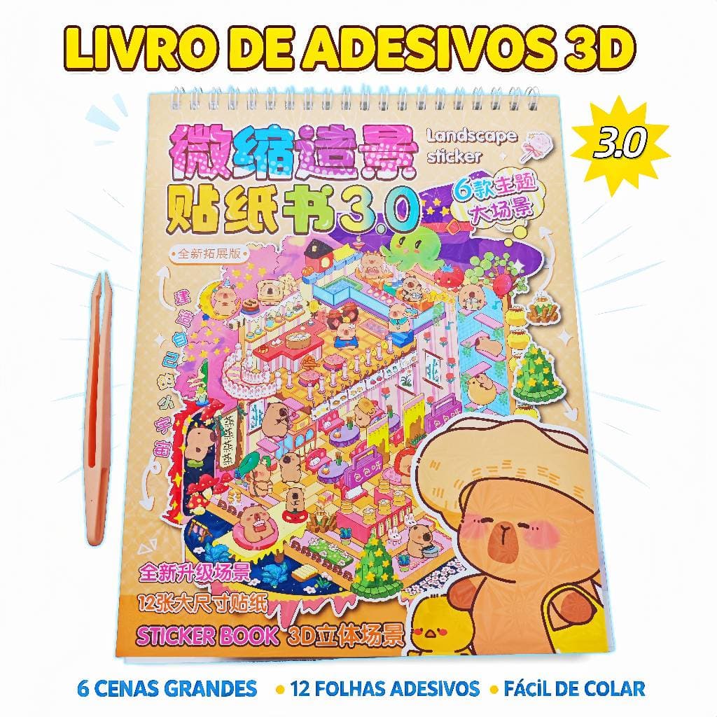 Livro de Adesivos 3D Capivara 6 Cenários Miniatura 19x24cm com Pinça Brinquedo DIY Educativo Presente para Criança