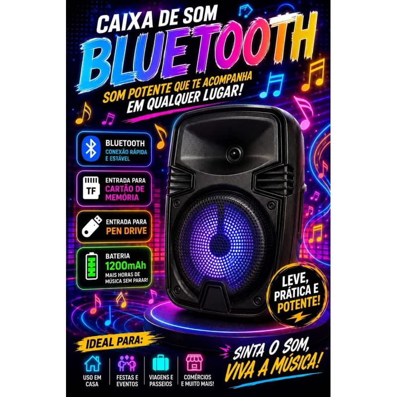 Caixa de Som Bluetooth Portátil Potente LED USB Cartão TF