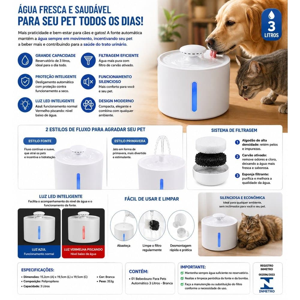 Bebedouro Fonte De Água Automático Com Filtro Para Cães e Gatos 3 Litros Branca