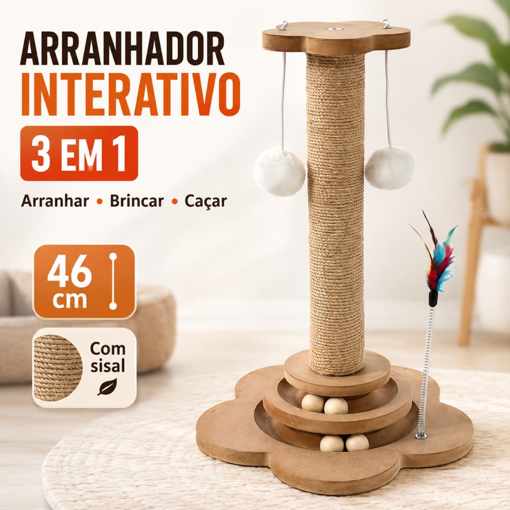Arranhador para Gatos  Interativo 46cm com Sisal Bolinhas e Brinquedos 3 em 1